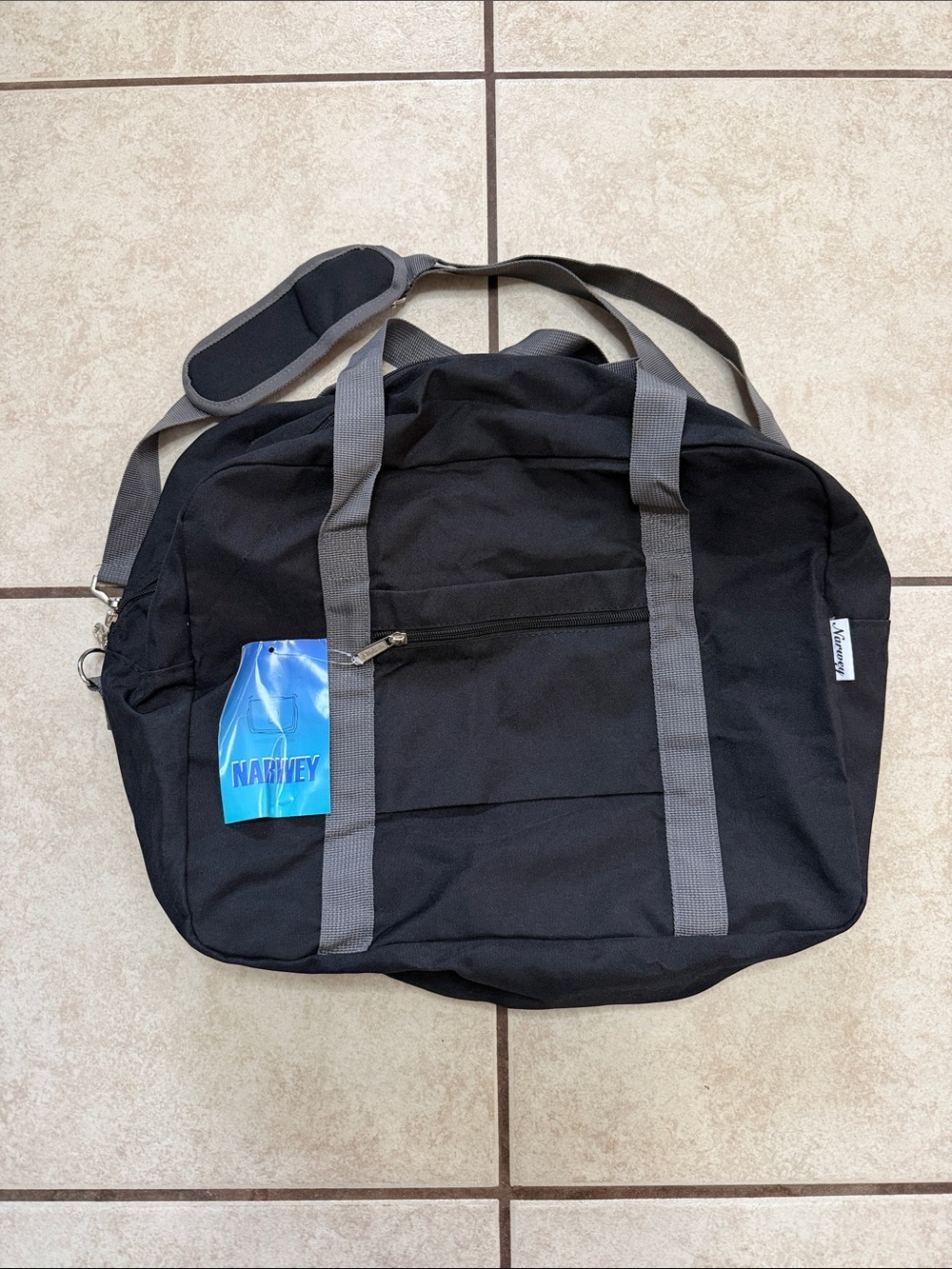 Harveys Black Duffel Bag with Gray Straps and Shoulder Sling